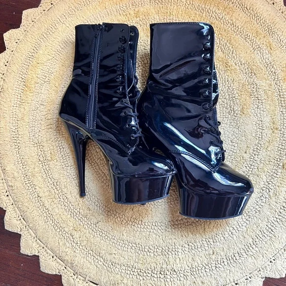 Pleaser Black Patent High-Heeled Boots - Picture 2 of 8